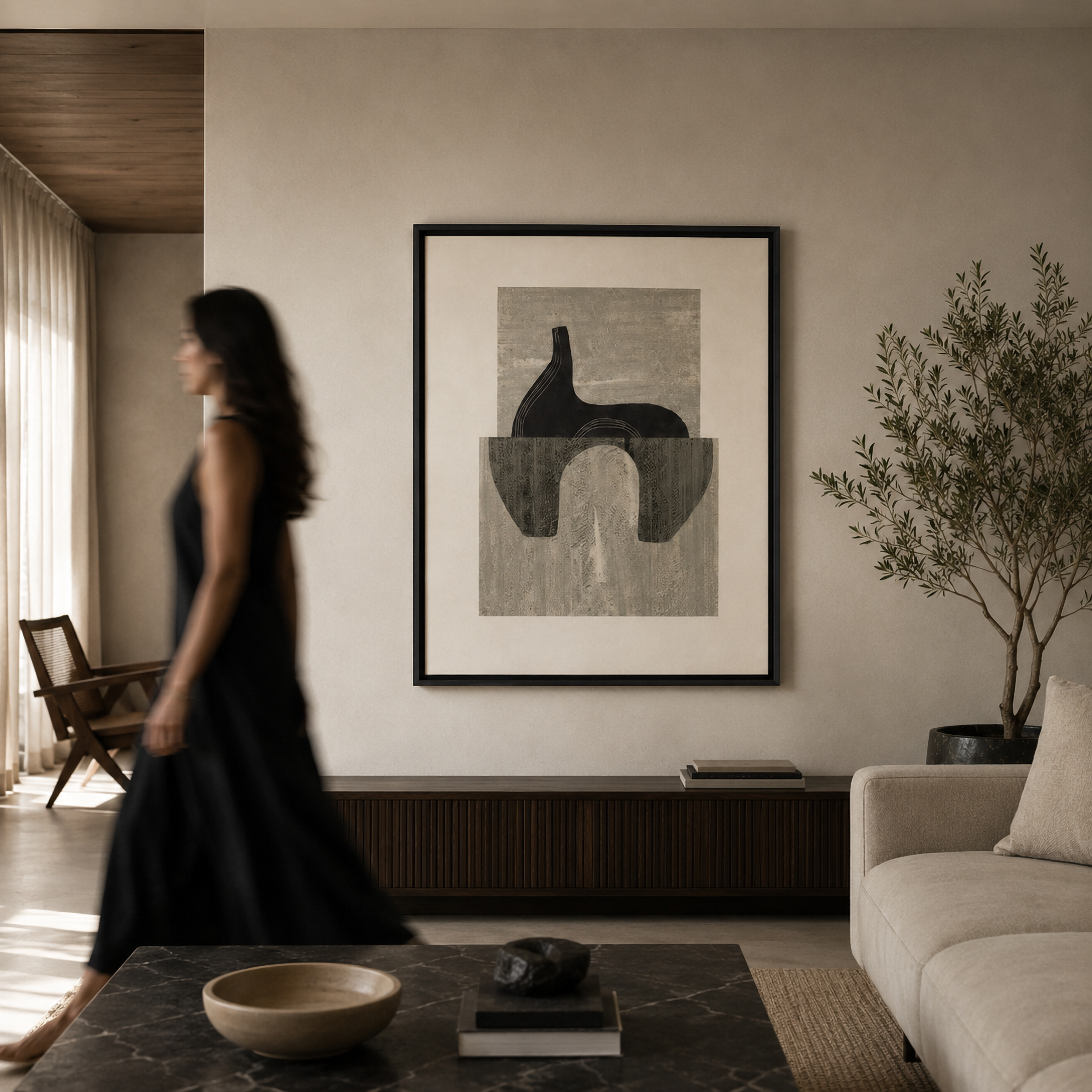 An abstract minimal artwork by India Design House styled in a contemporary Indian living room with a woman walking by