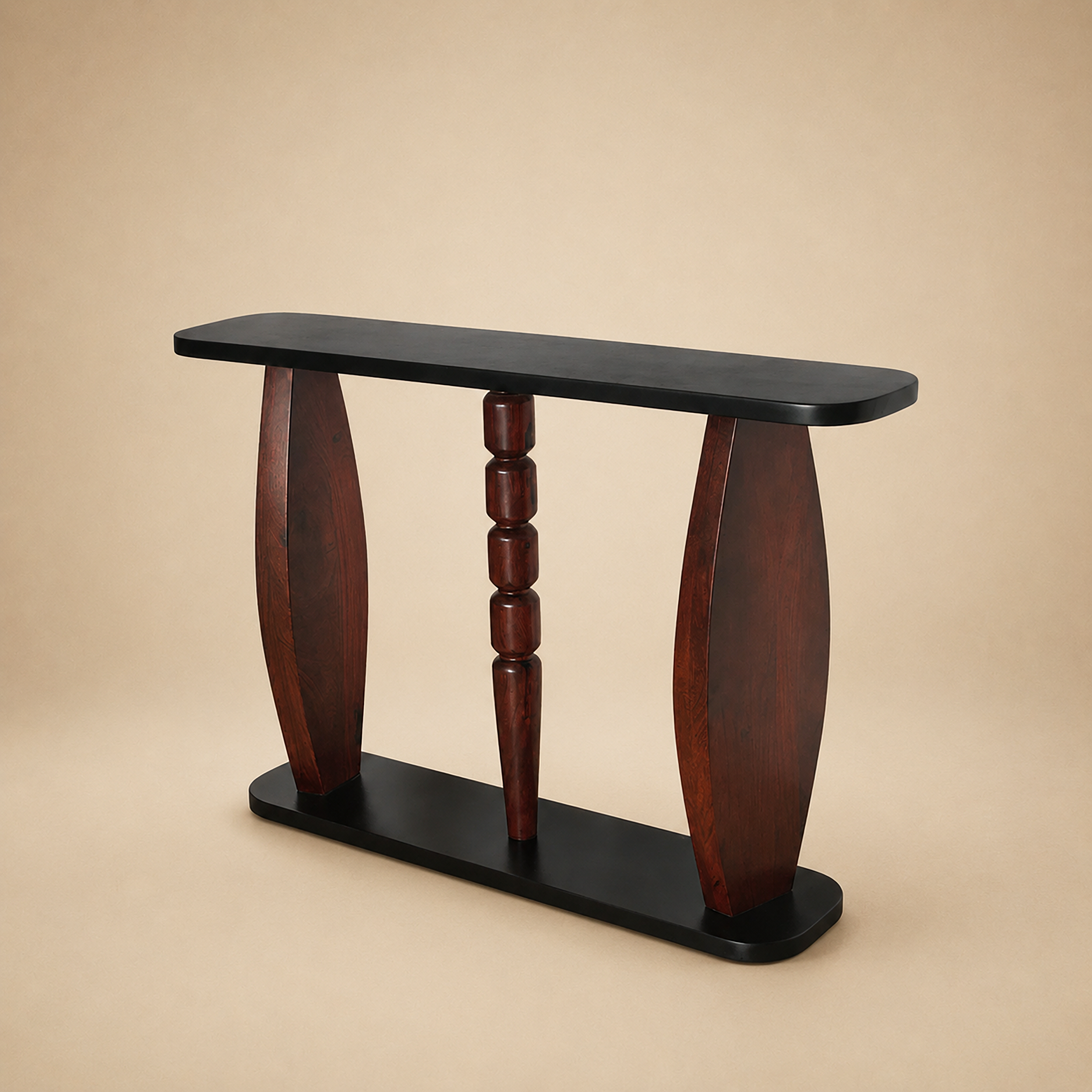 Dwaar entryway console table with two curved wood side panels and a turned central column on a black oval base and top