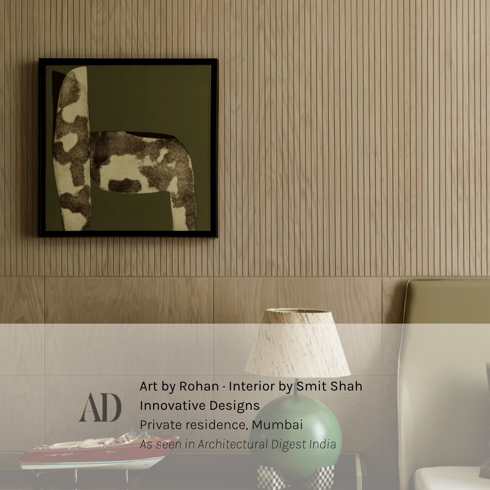 Abstract TonalityONE art print by Rohan in olive green and cream tones, hung in a private residence in Mumbai, seen in project by Smit Shah Innovative Designs featured in Architectural Digest India