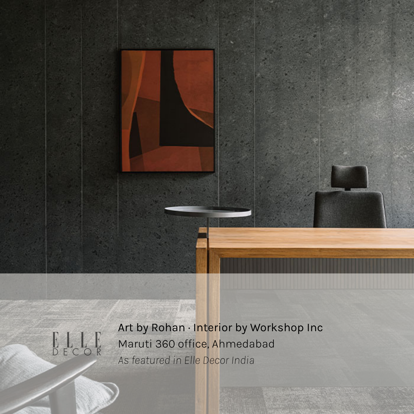 Abstract TonalityONE art print by Rohan in warm rust and black tones, hung in the Maruti 360 office in Ahmedabad, featured in Elle Decor India