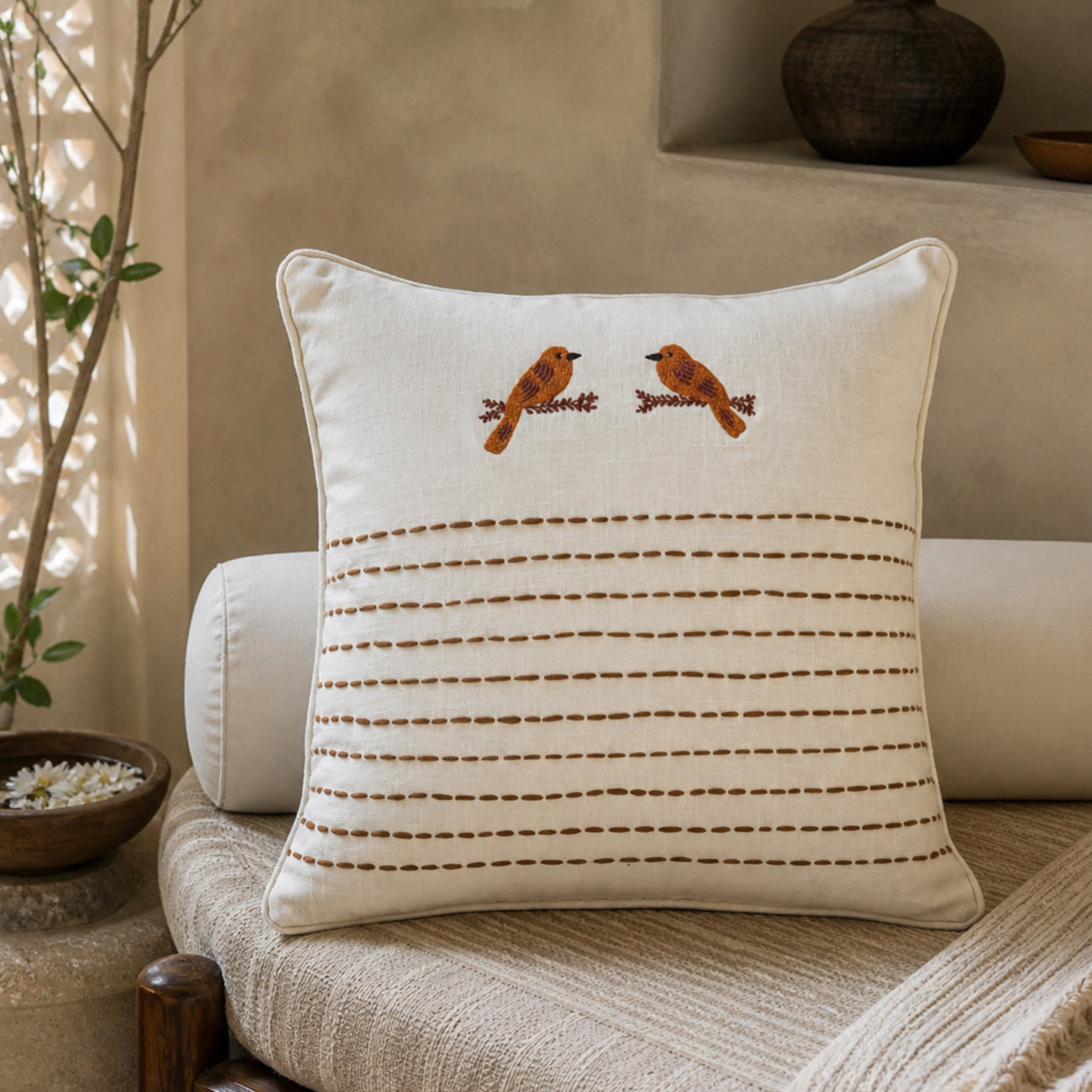 Baithak cushion cover in cream cotton with two embroidered birds facing each other above horizontal kantha stitch lines, styled on a bench in natural light