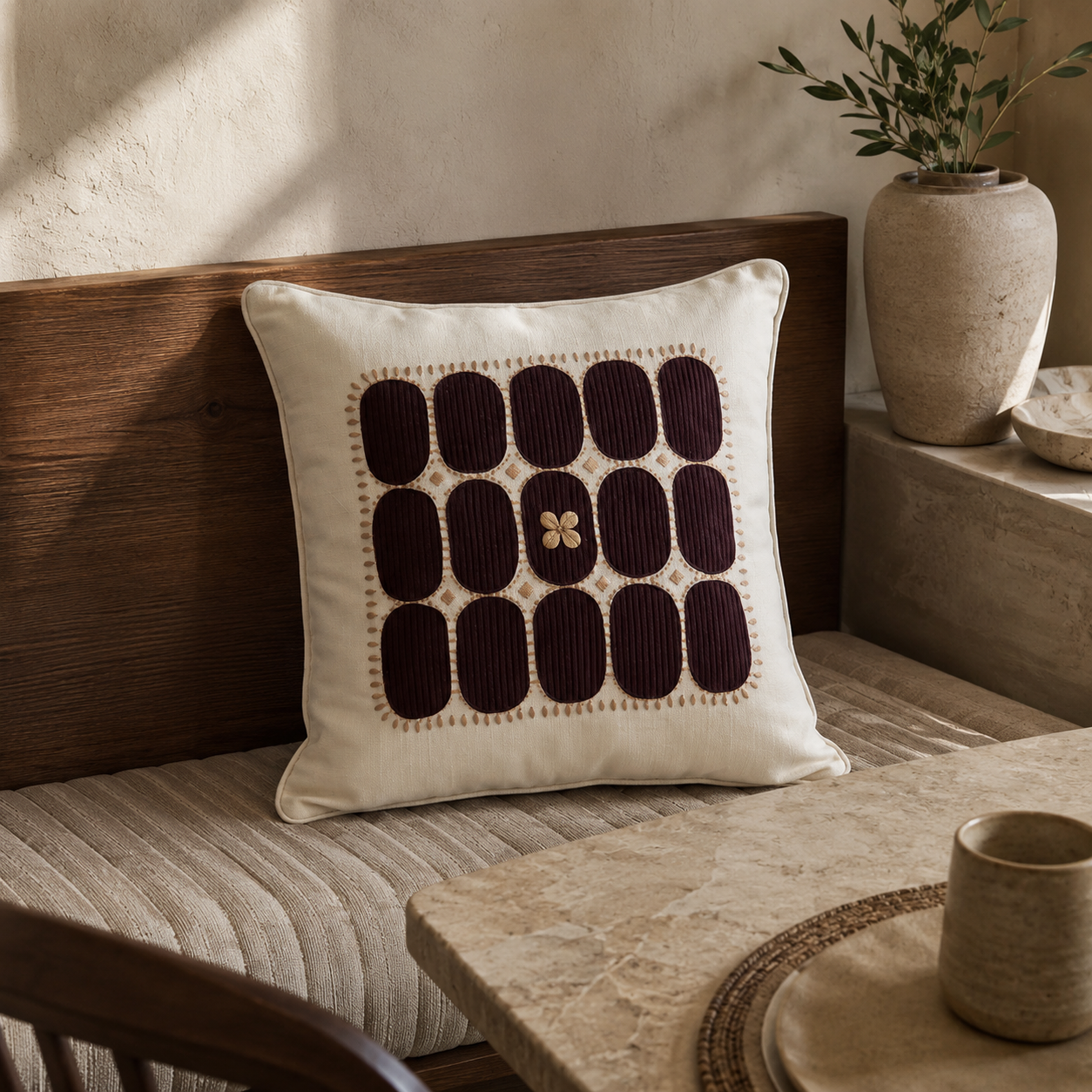 Cushion with brown applique and embroidery placed on a seat 