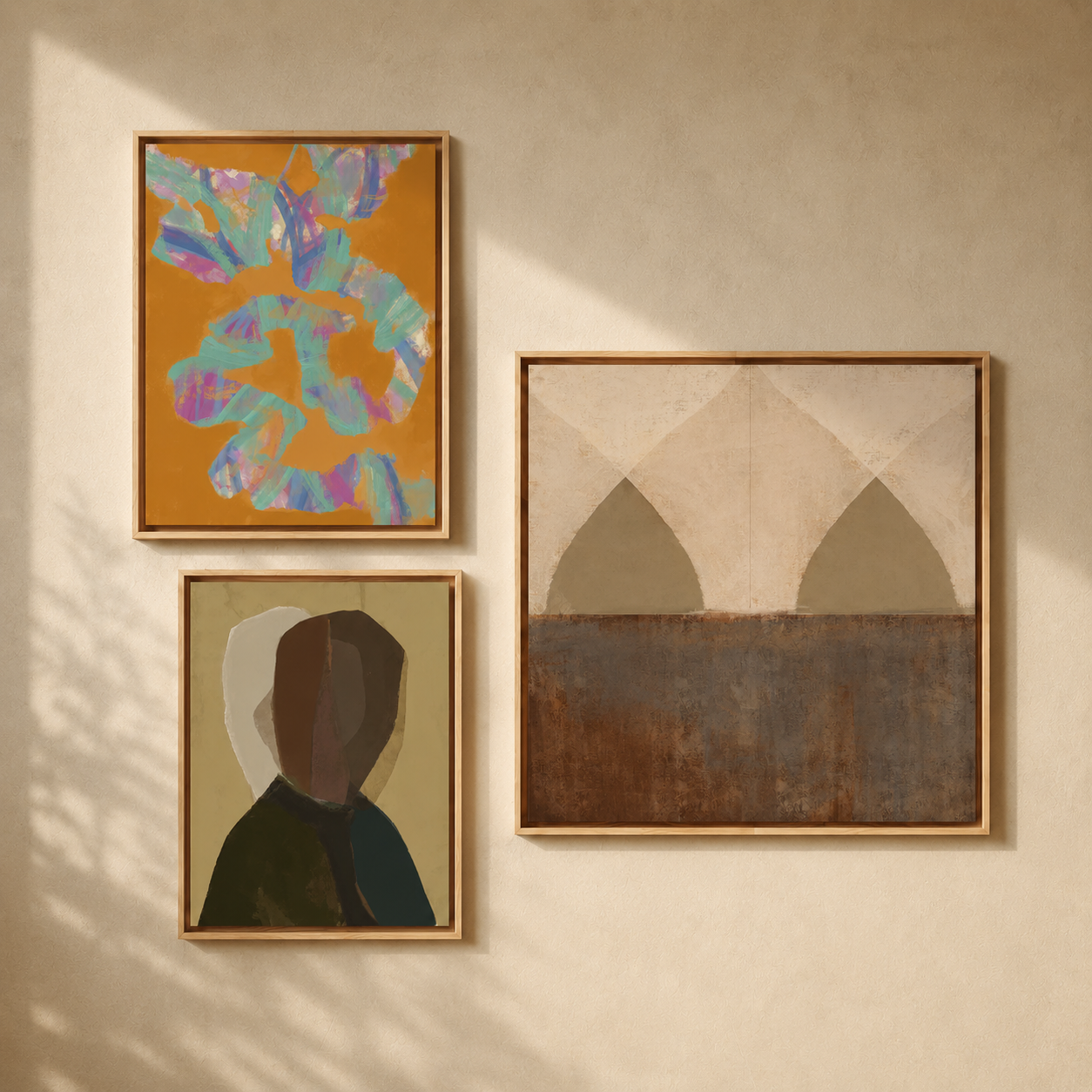 Three framed abstract art prints arranged as a gallery wall in natural light — a colourful organic form, a muted portrait, and an earthy arch composition