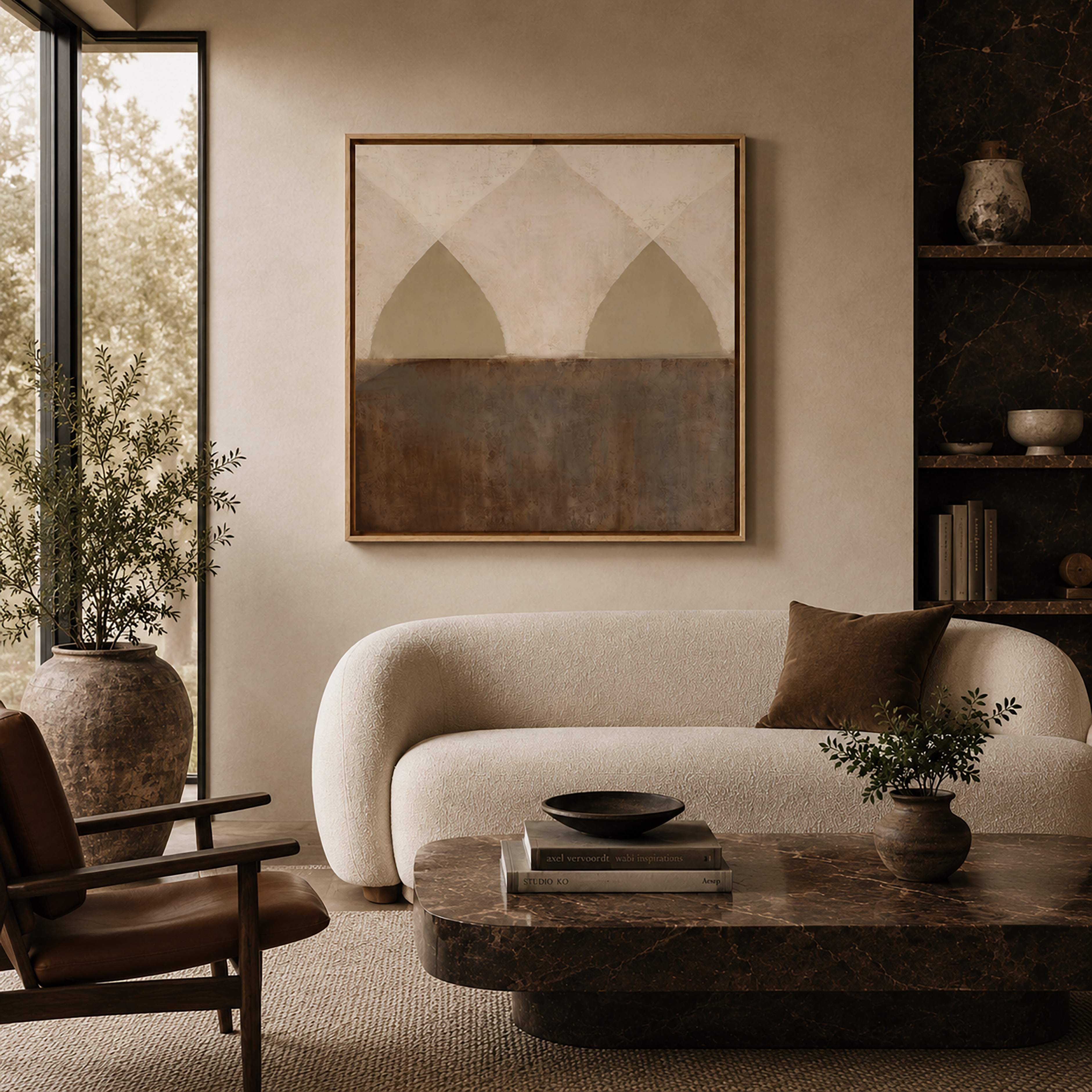 A Form That Holds Us framed art print with its abstract arch forms in sage and rust-brown, hung above a curved cream sofa in a warm minimalist living room