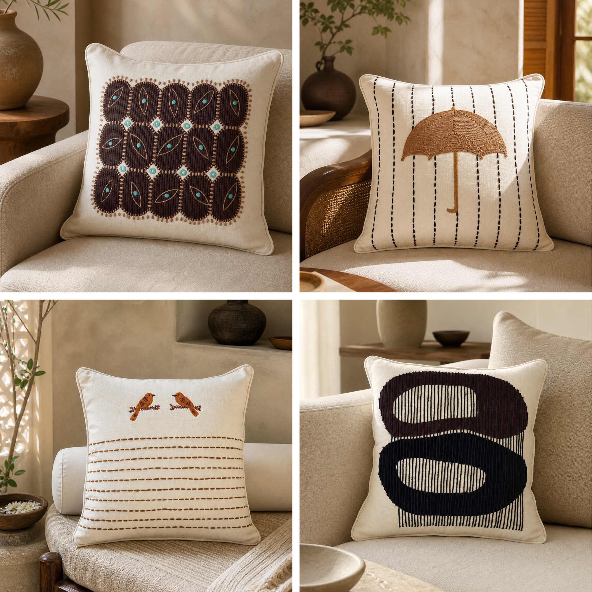 Four embroidered cushion covers styled on neutral sofas, with eye-motif, umbrella, birds, and abstract loop designs