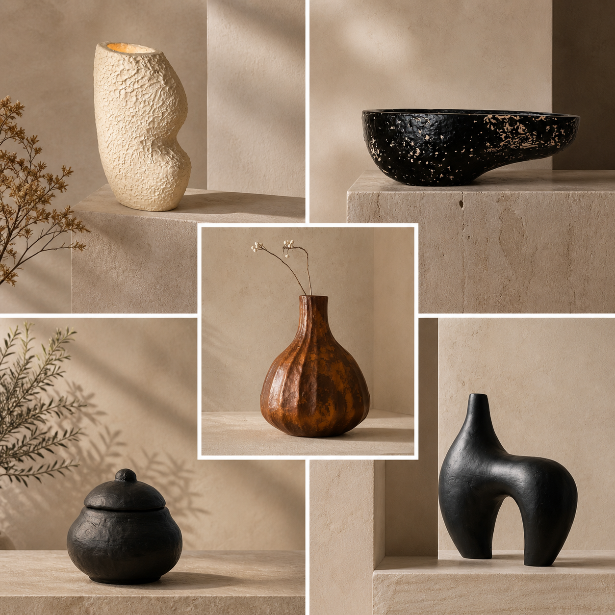 Five sculptural décor pieces — textured table lamp, textured vase, a speckled bowl, and a curved black vessel — styled on stone ledges
